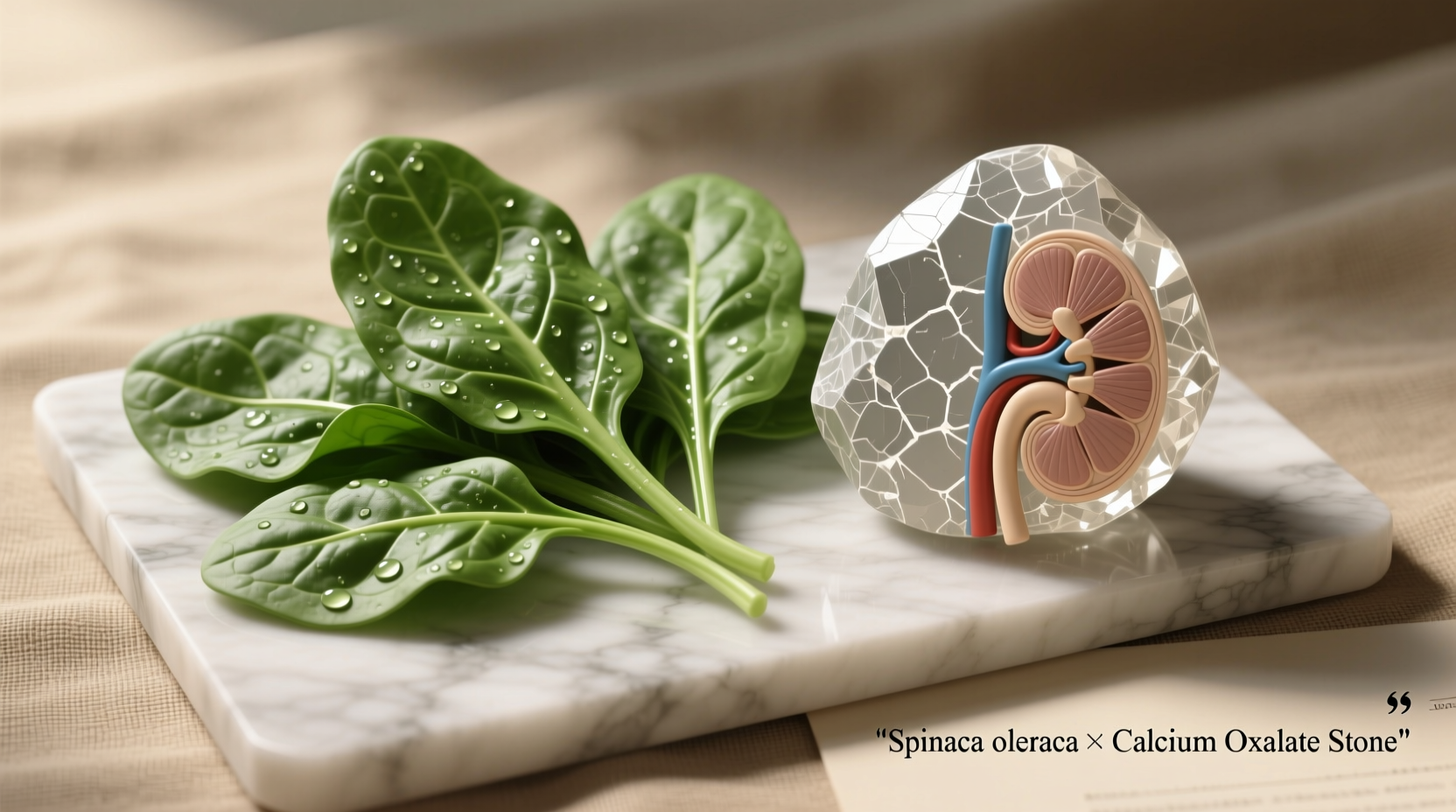 Spinach leaves next to kidney stone model