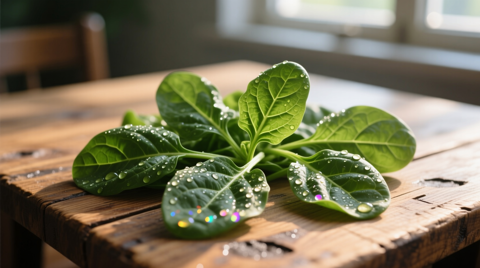 Fresh spinach leaves with droplets on a wooden table