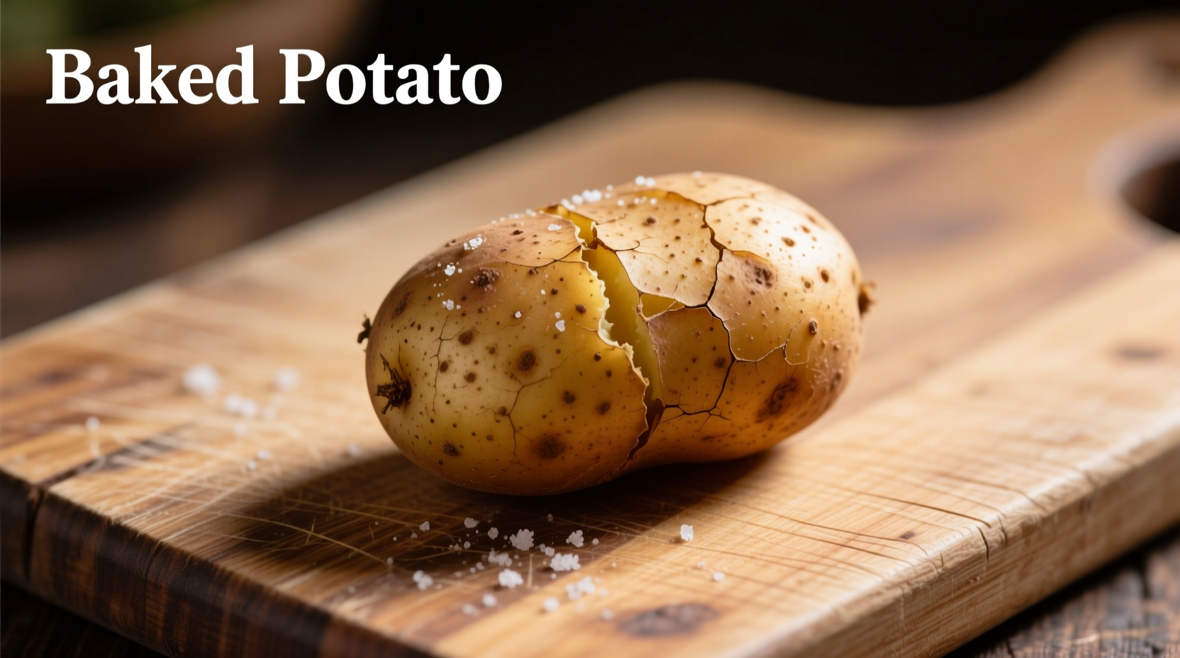 Small baked potato with skin on wooden cutting board