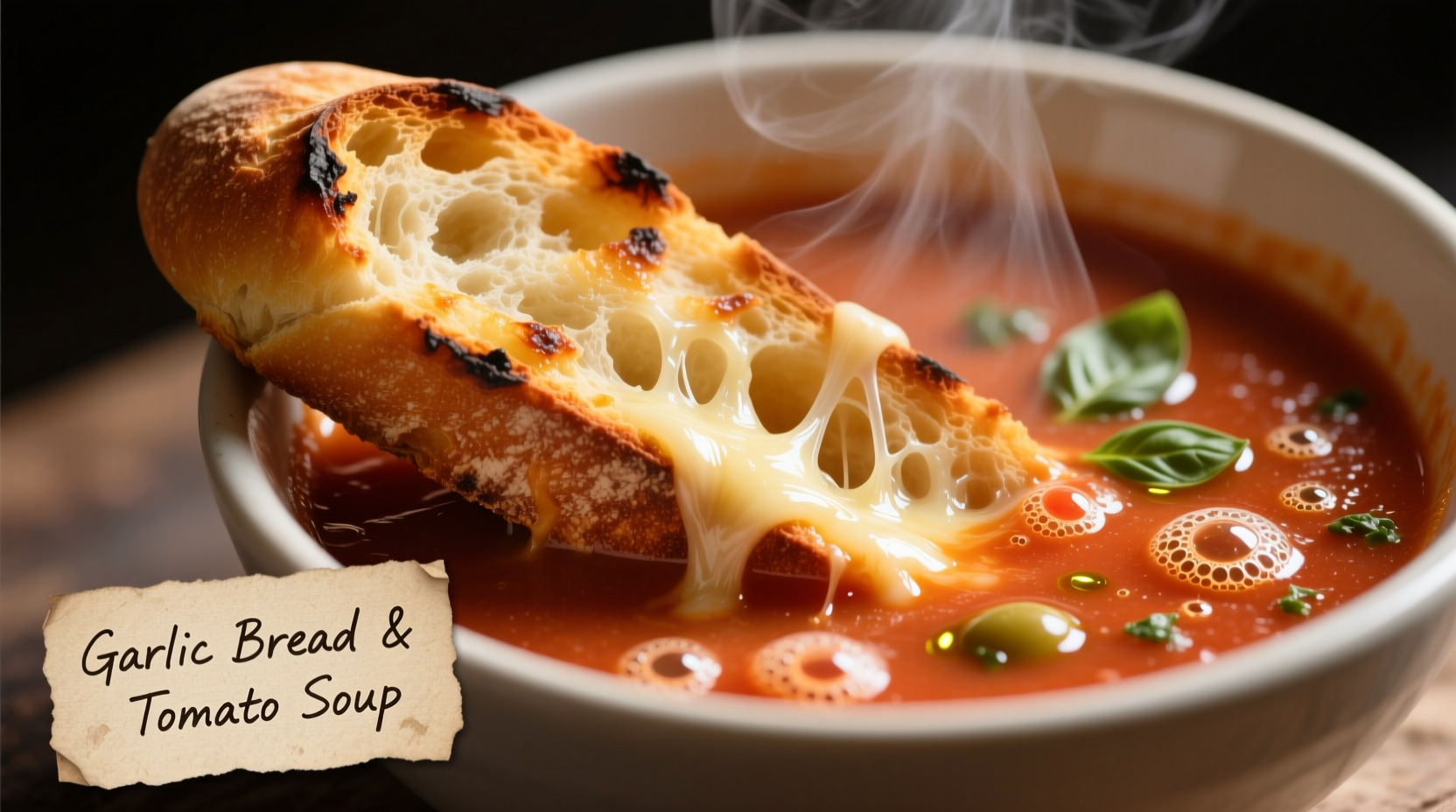 Garlic bread dipping in tomato soup