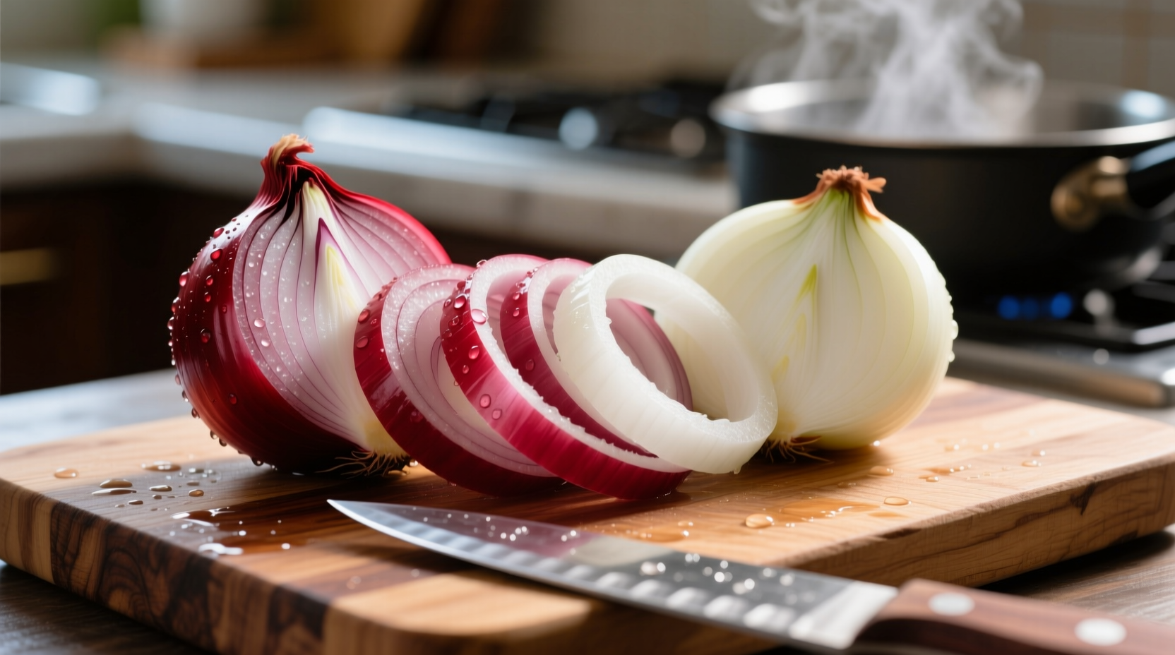 Red and white onions sliced side by side
