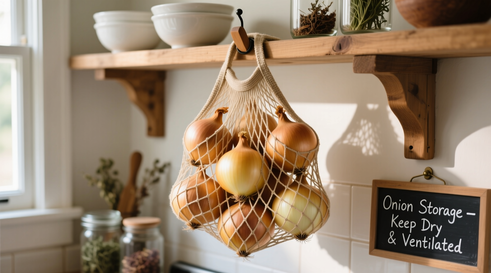 Proper onion storage in mesh bag with airflow