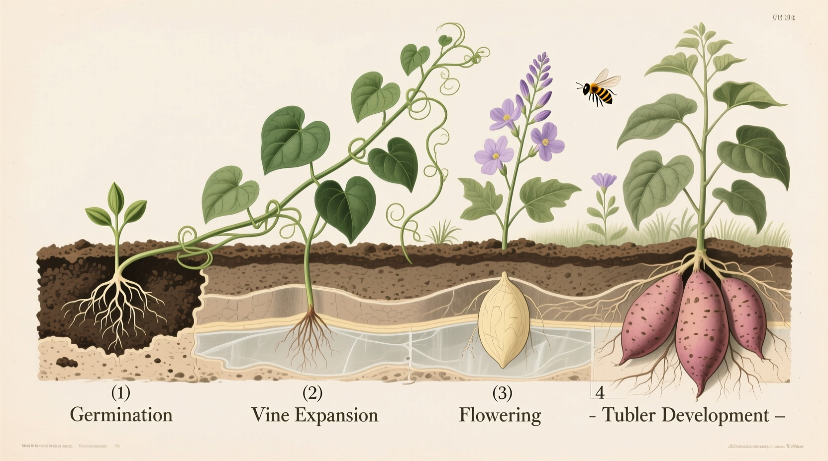 Sweet potato vine growth stages in garden