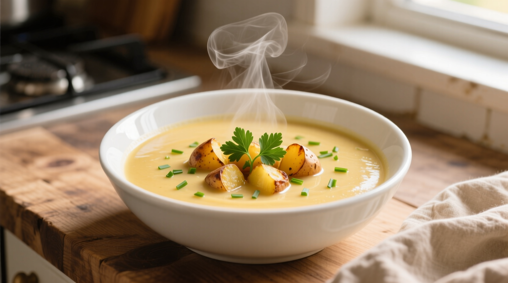 Golden roasted potato soup in white bowl with fresh herbs