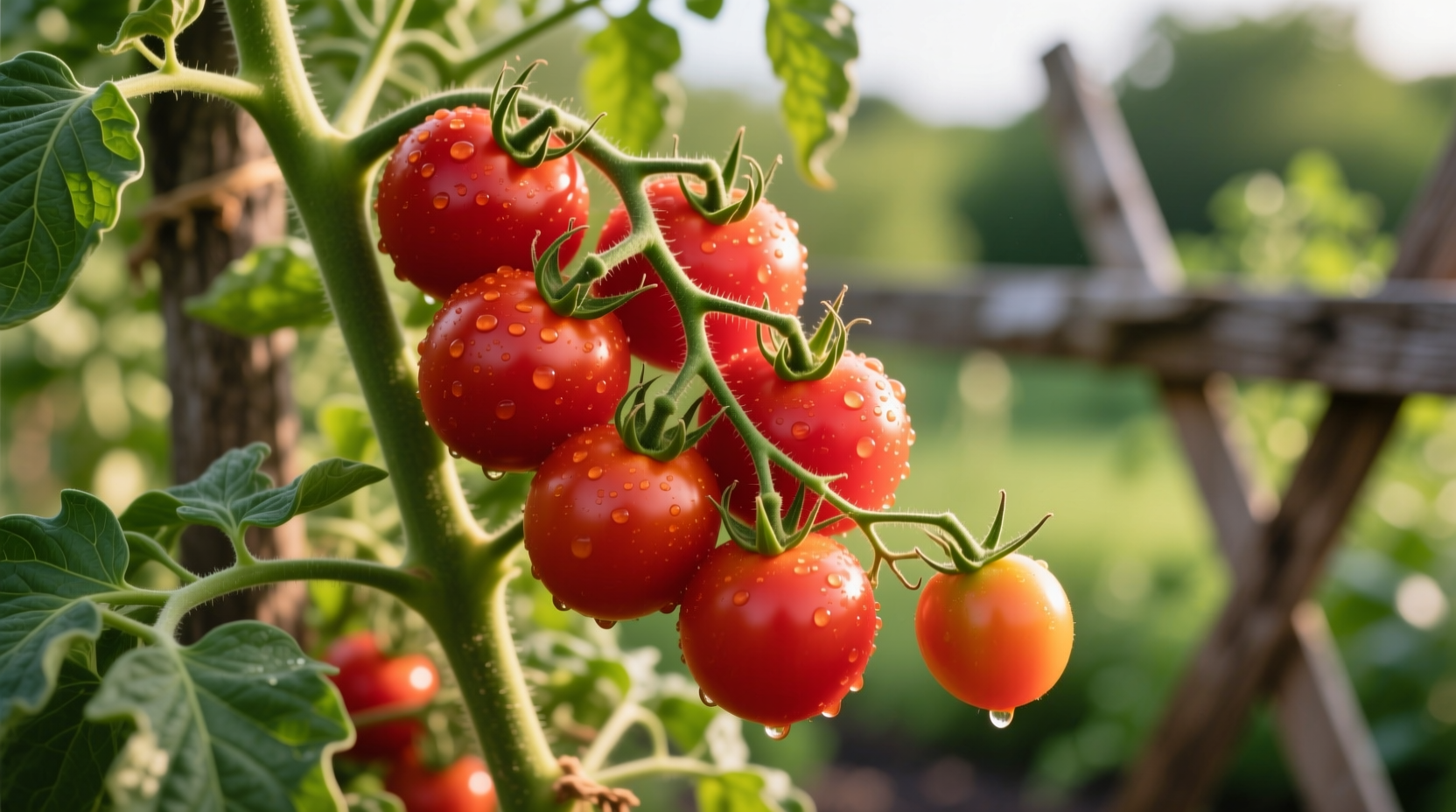 Tomato plant with ripe red fruits on vine