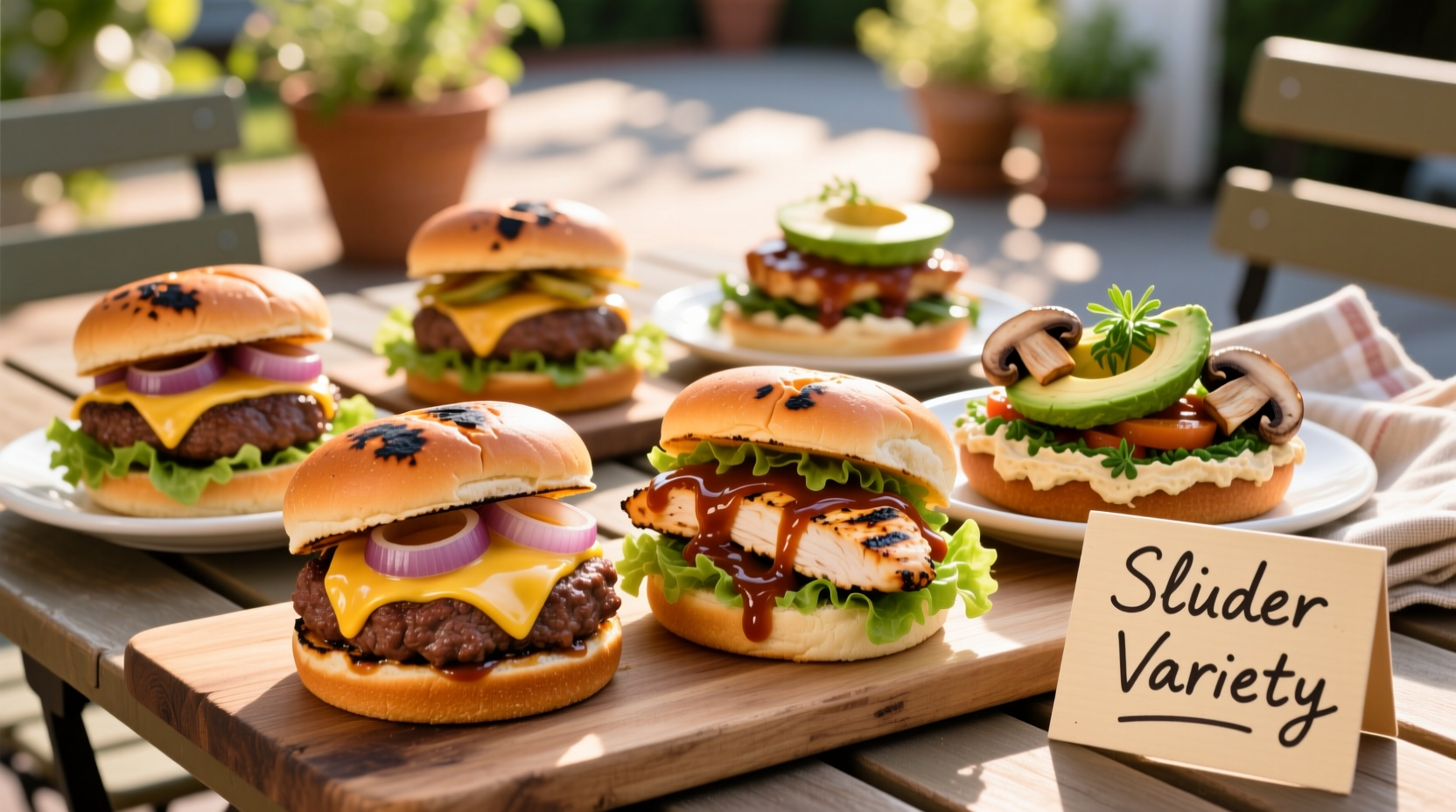 Variety of slider types including beef chicken and vegetarian options