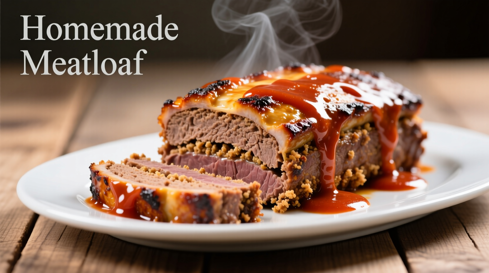 Perfectly sliced meatloaf with rich tomato sauce glaze