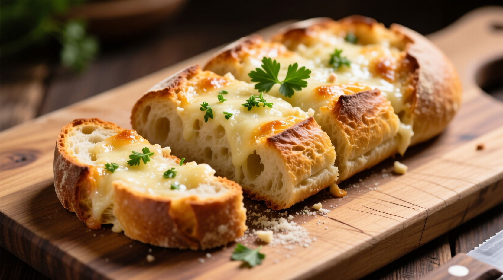 Golden brown parmesan garlic bread on wooden cutting board