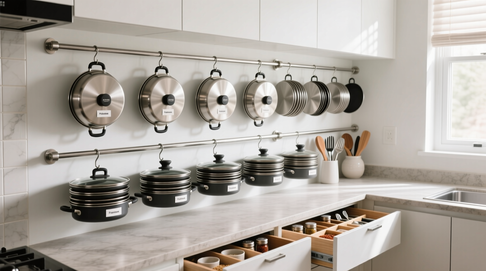 organize pot lids and drawers with curtain rods