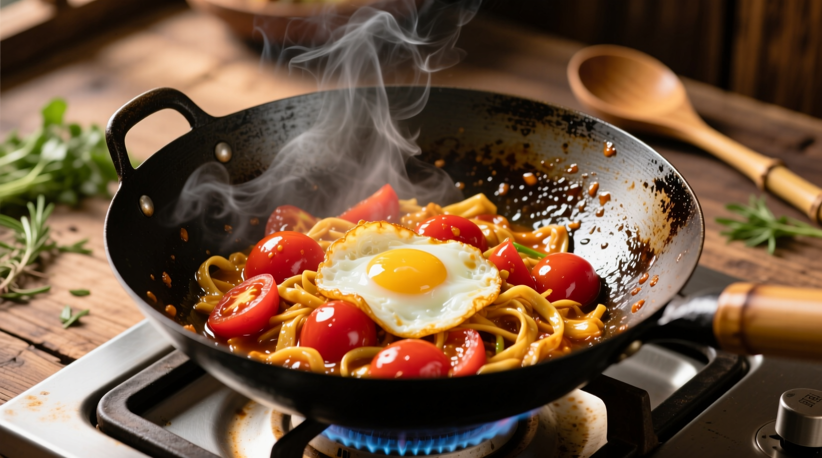 Chinese tomato and egg stir-fry in wok