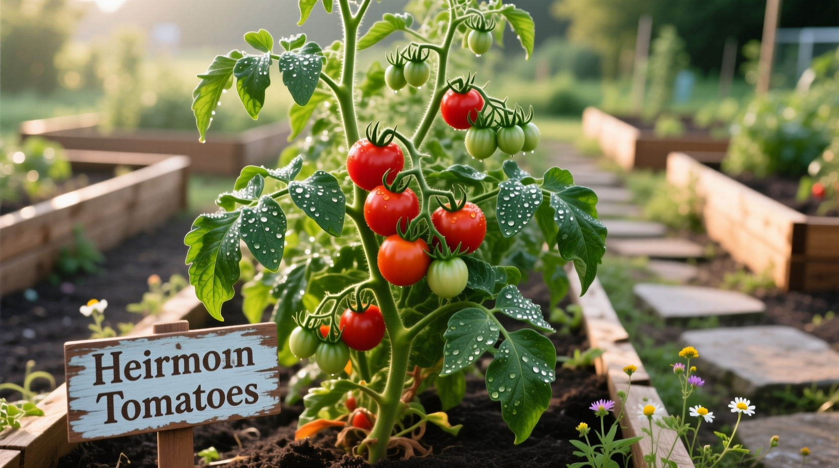 Healthy tomato plants in a well-maintained garden patch