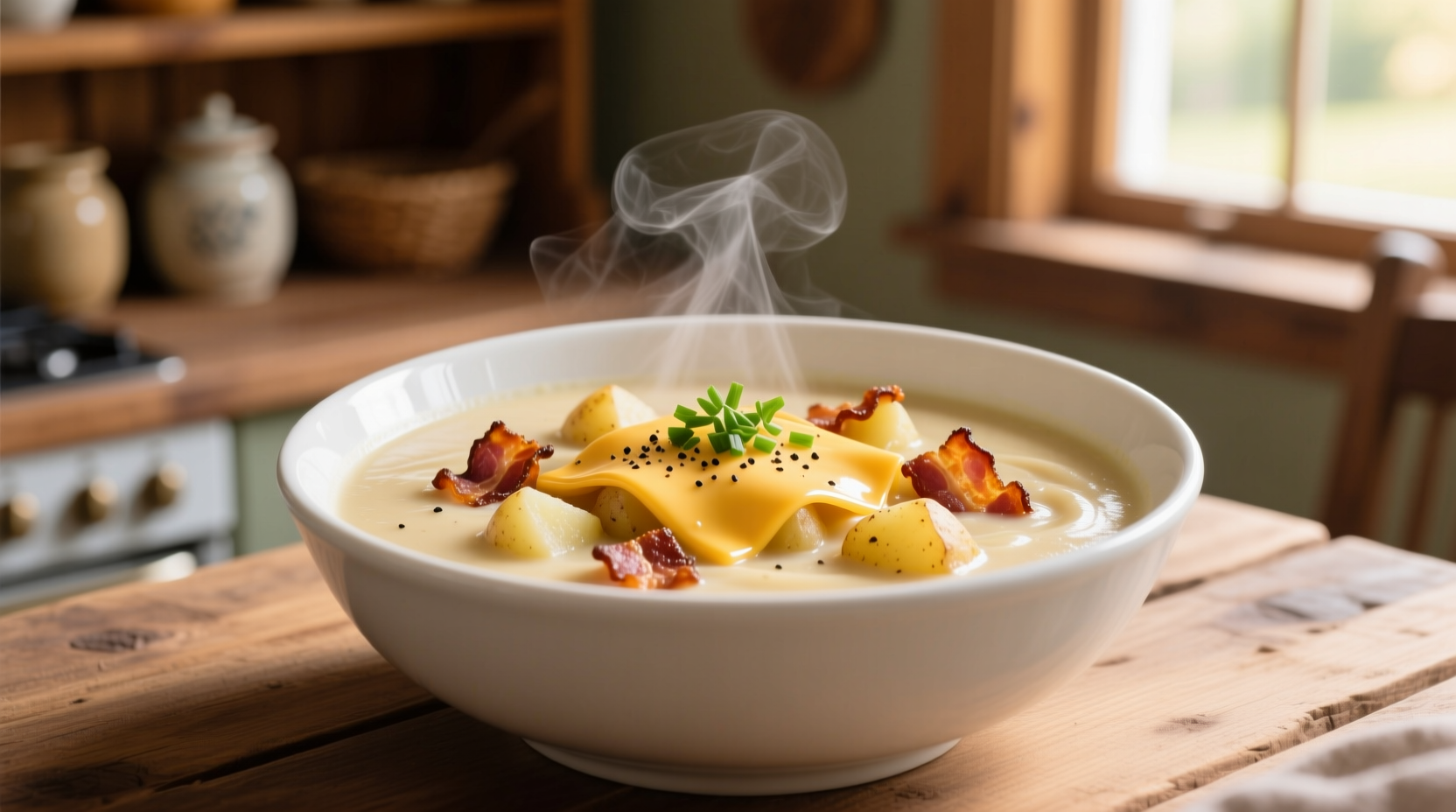 Creamy bacon cheese potato soup in white bowl