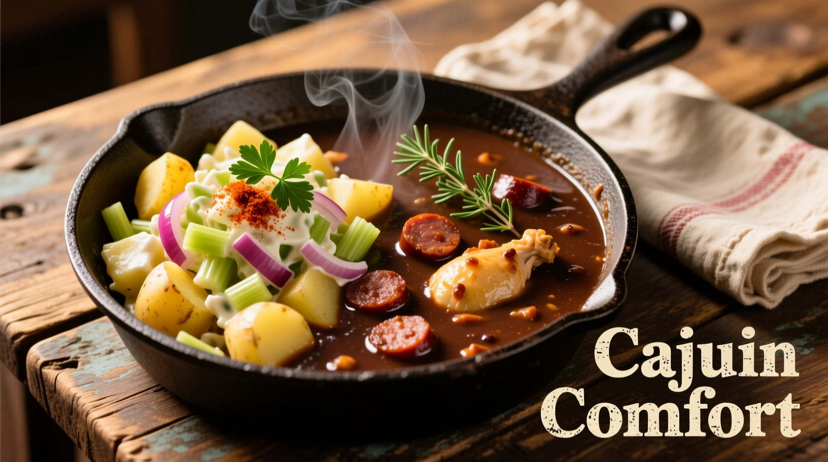 New Orleans style potato salad served beside dark roux gumbo