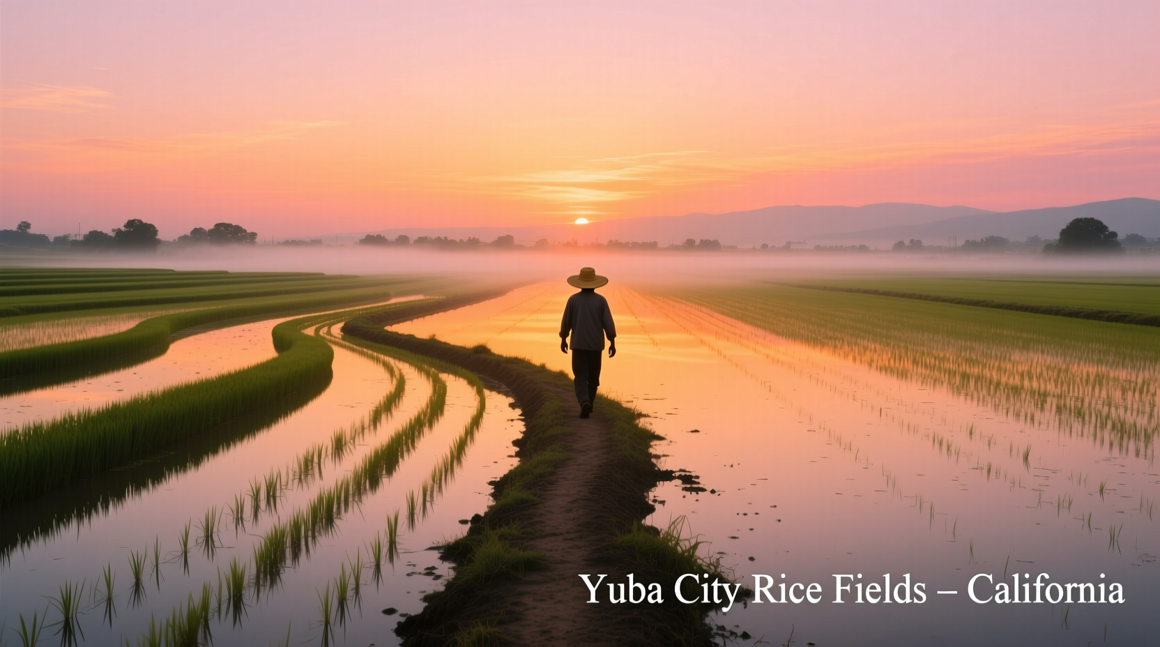 Rice fields at sunset in Yuba City agricultural region