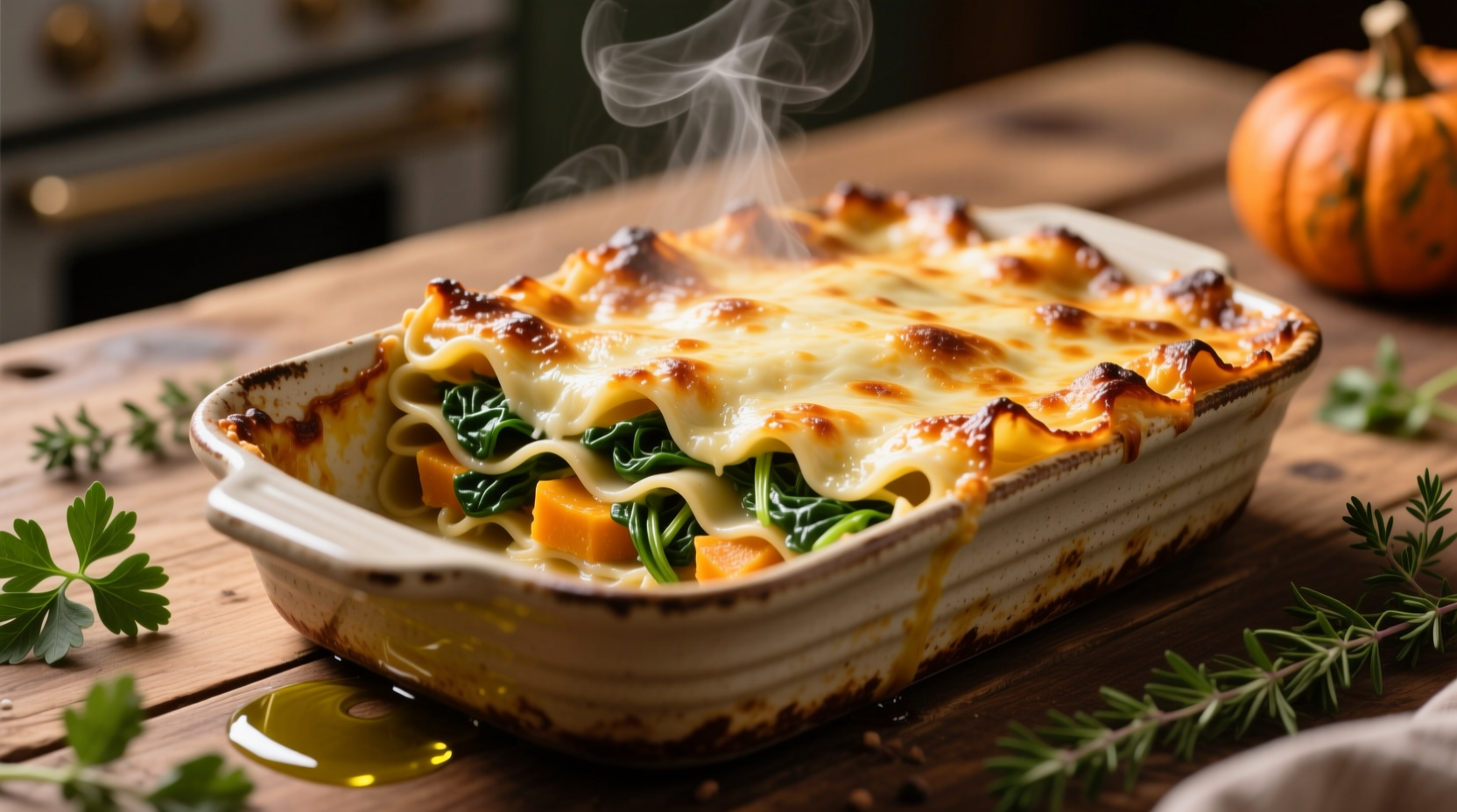 Creamy butternut squash and spinach lasagna in baking dish