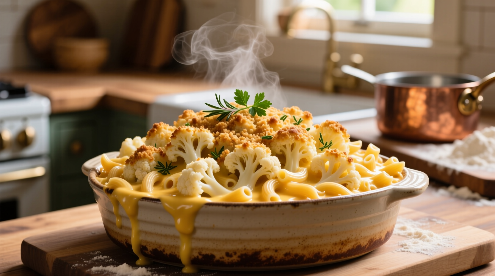 Creamy cauliflower macaroni and cheese in baking dish