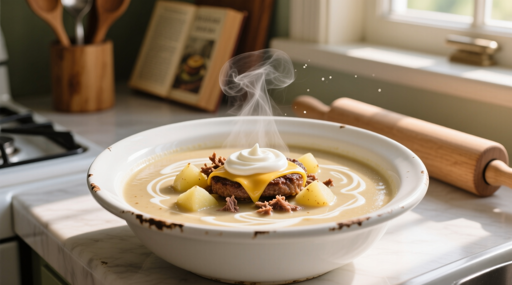 Creamy potato hamburger soup in white bowl