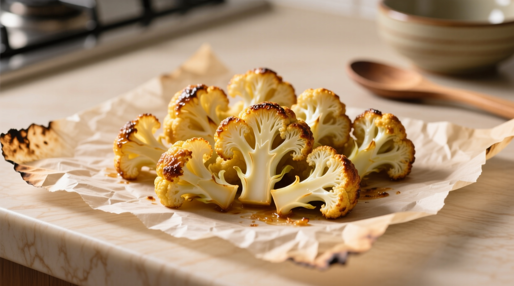 Perfectly golden baked cauliflower florets on parchment paper
