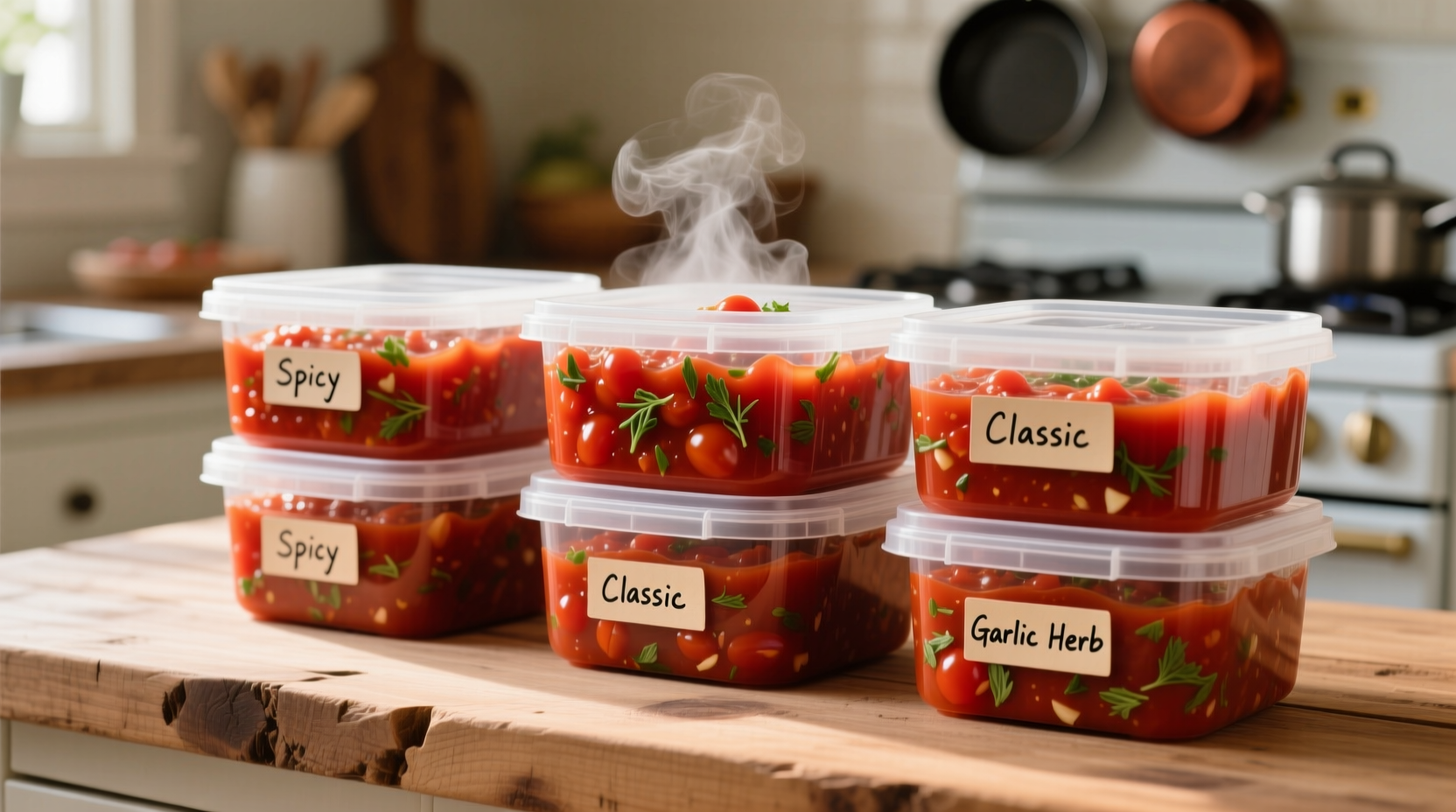 Homemade tomato sauce in freezer containers