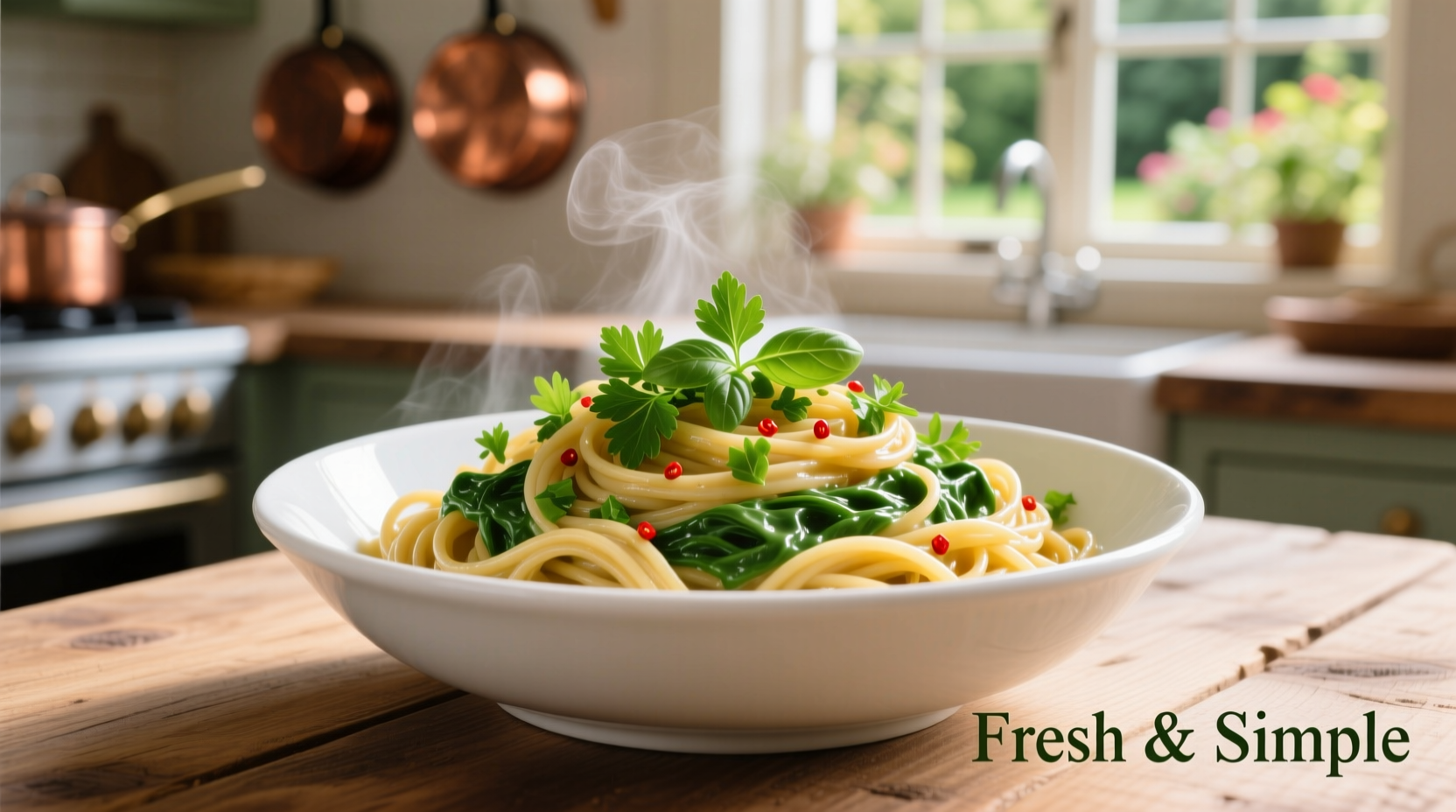 Sausage spinach pasta served in white bowl with fresh herbs
