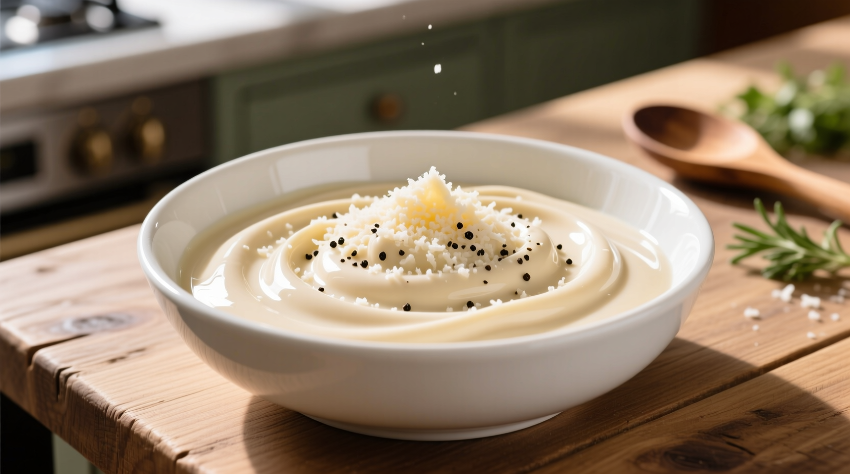 Creamy garlic parmesan sauce in white bowl
