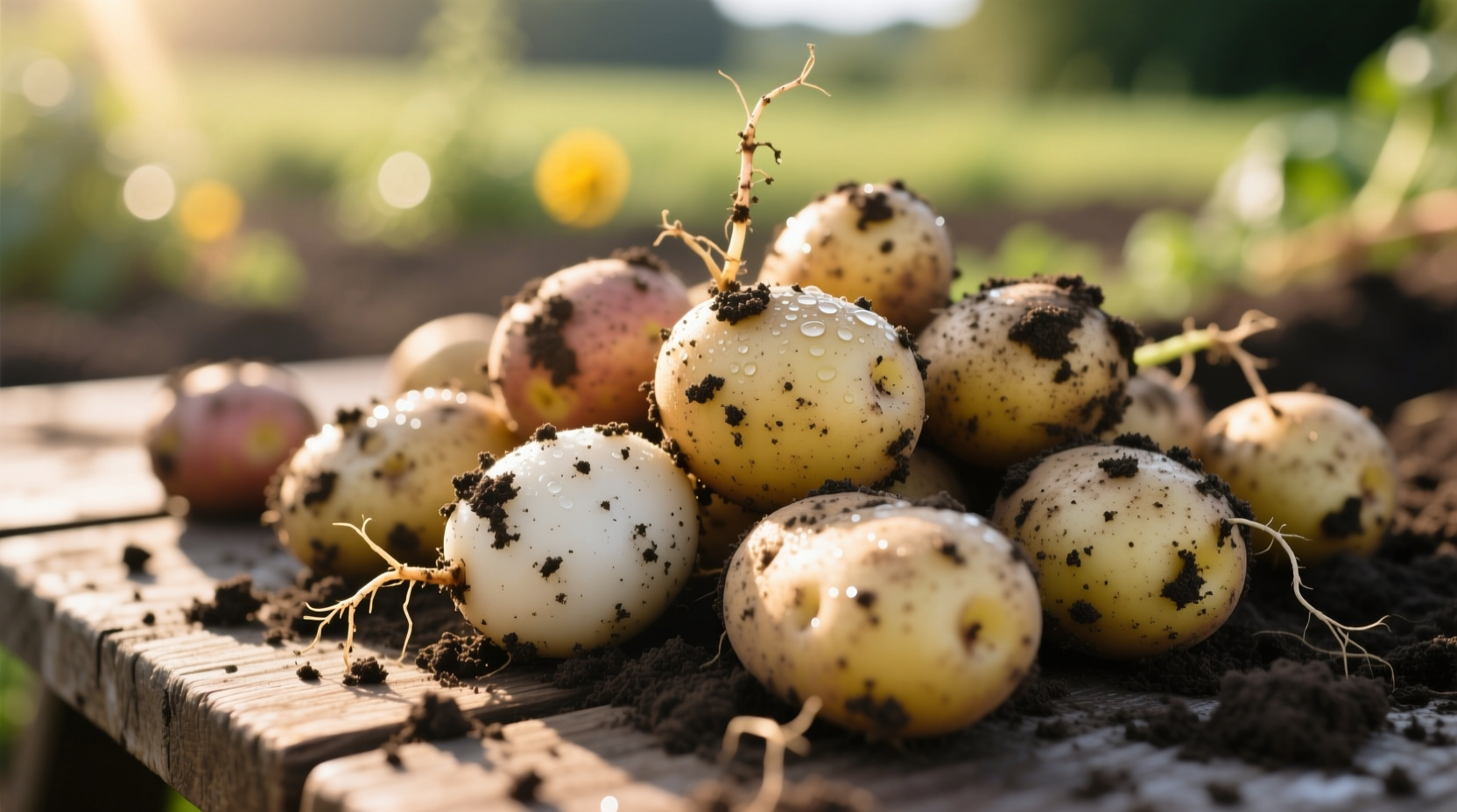 Freshly harvested potatoes with soil still visible