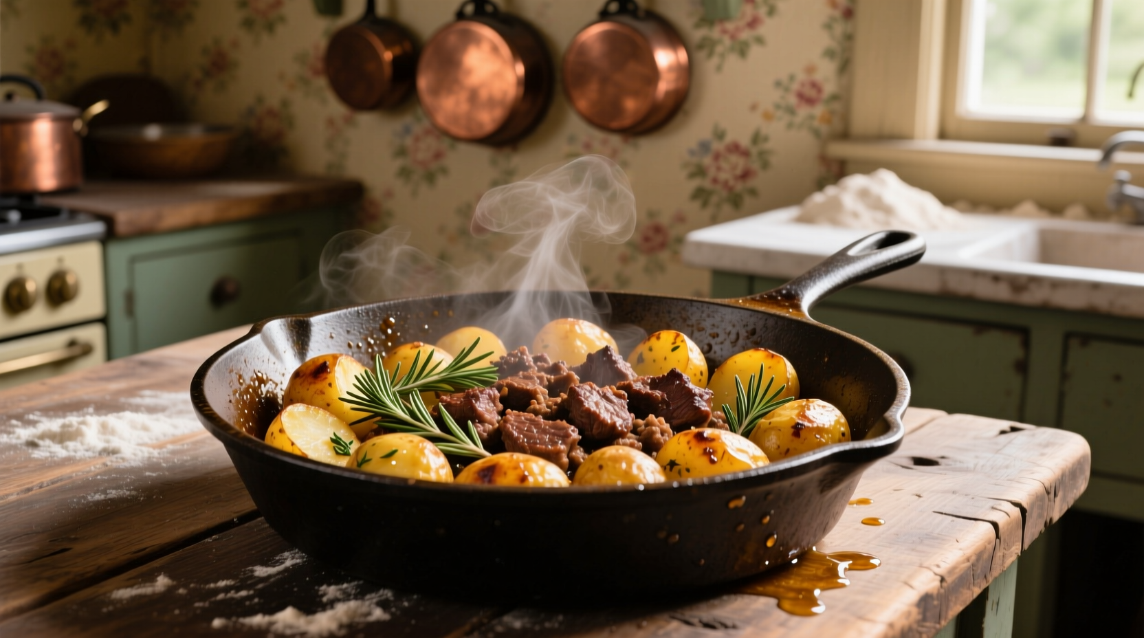 Cast iron skillet with golden potatoes and browned ground beef