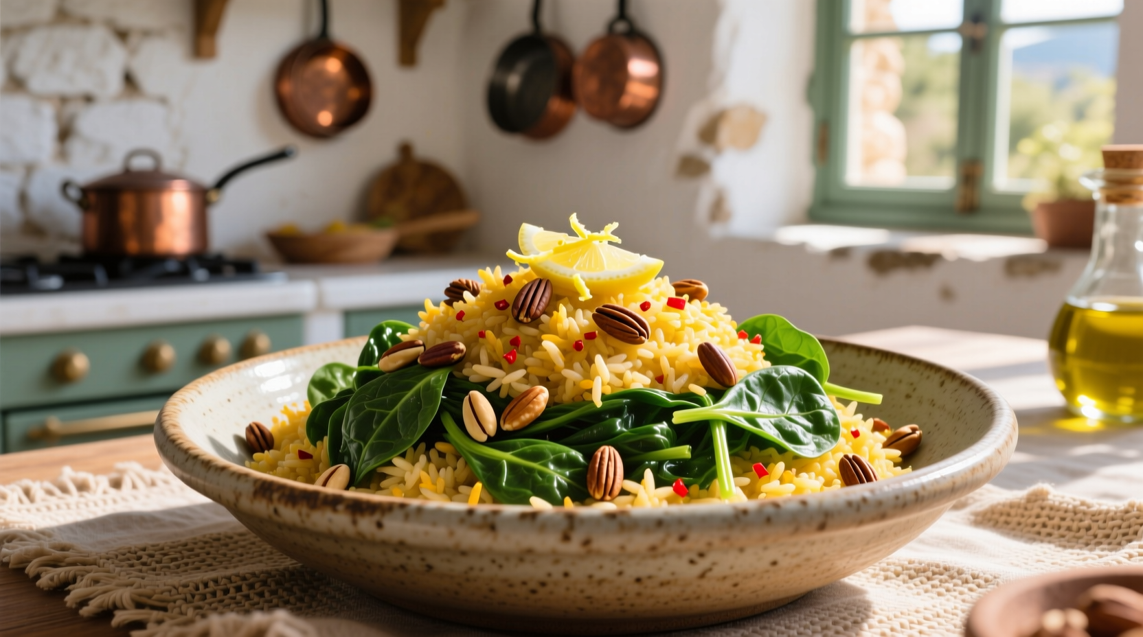 Colorful Mediterranean spinach rice pilaf with pine nuts