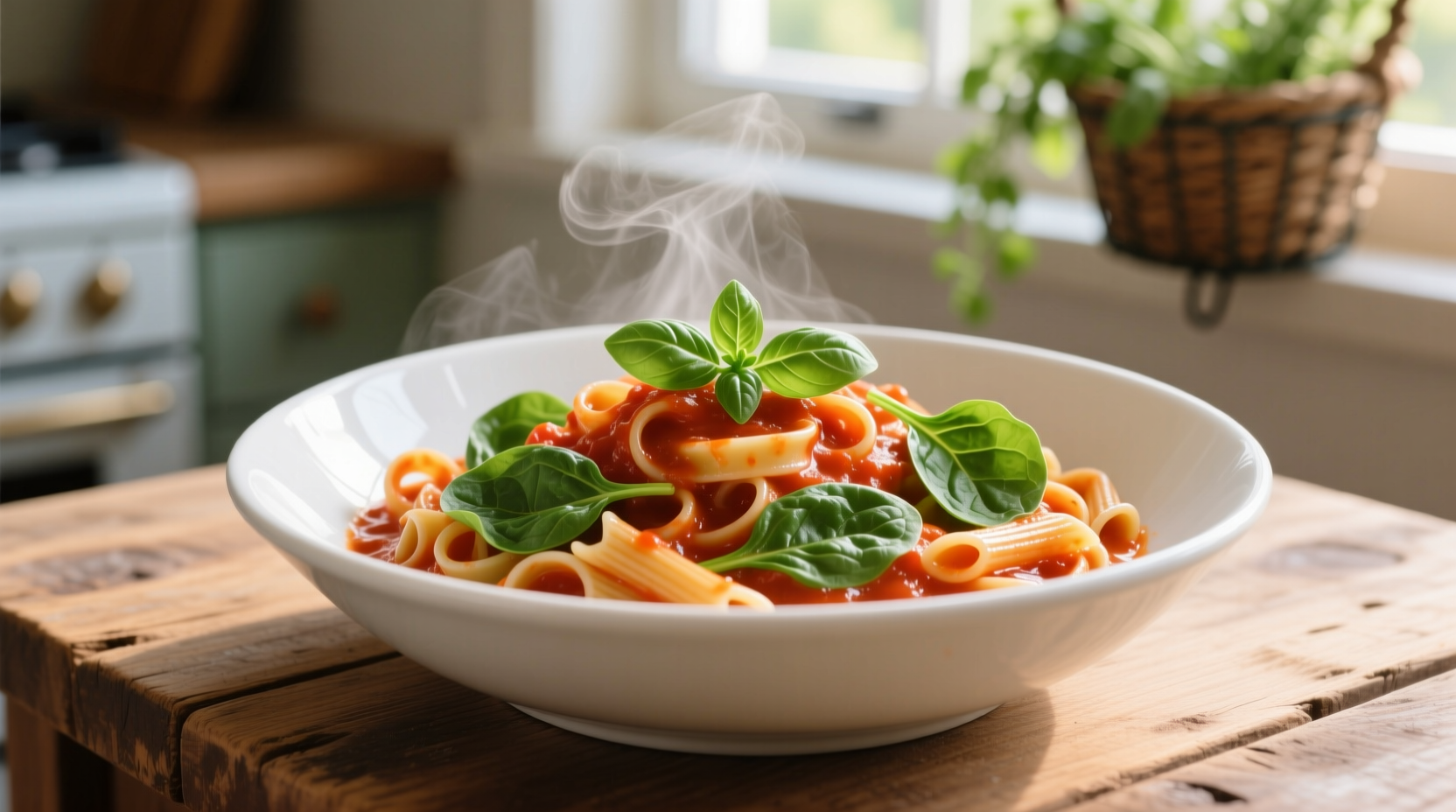 Creamy tomato spinach pasta in white bowl