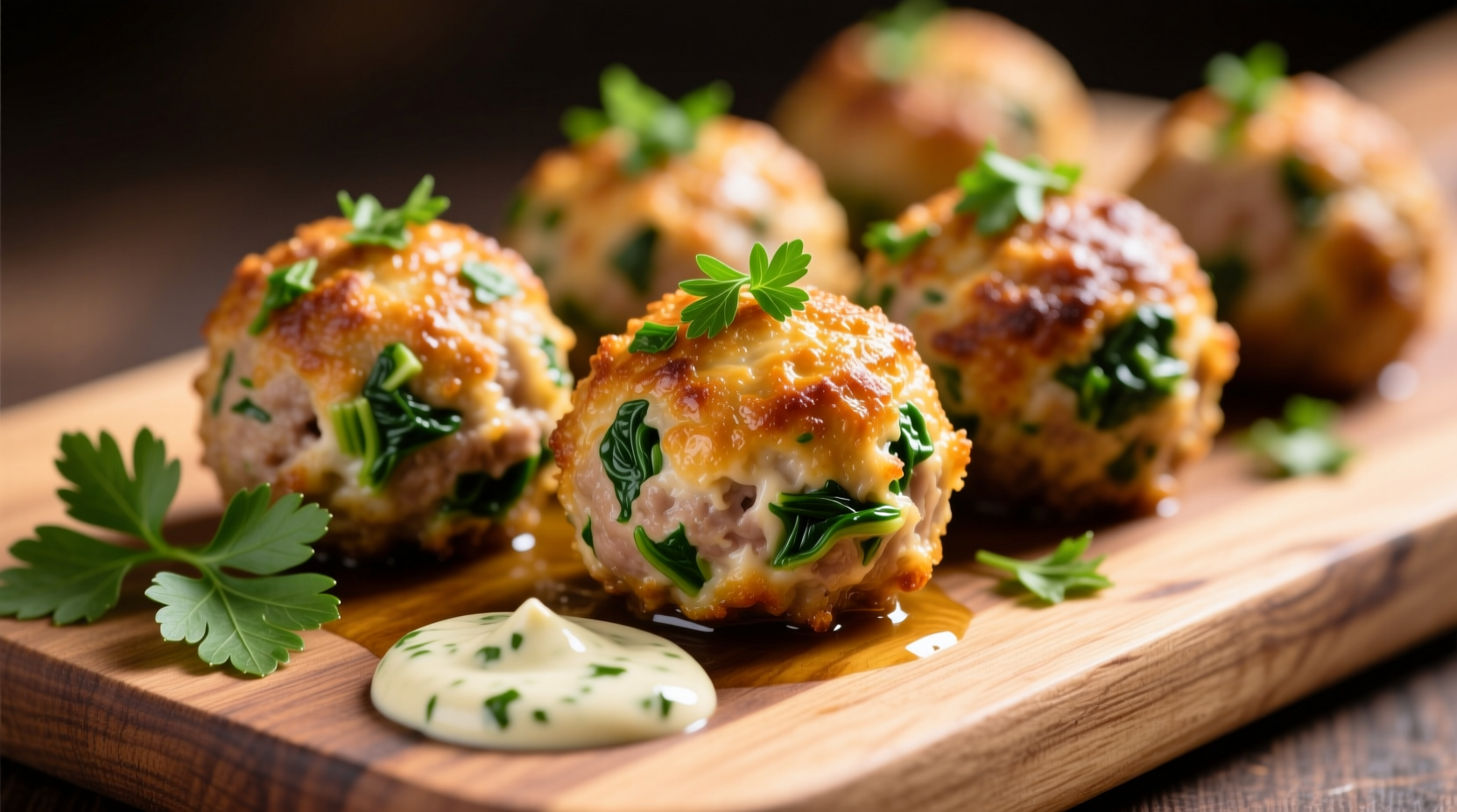 Golden baked chicken spinach meatballs with fresh parsley