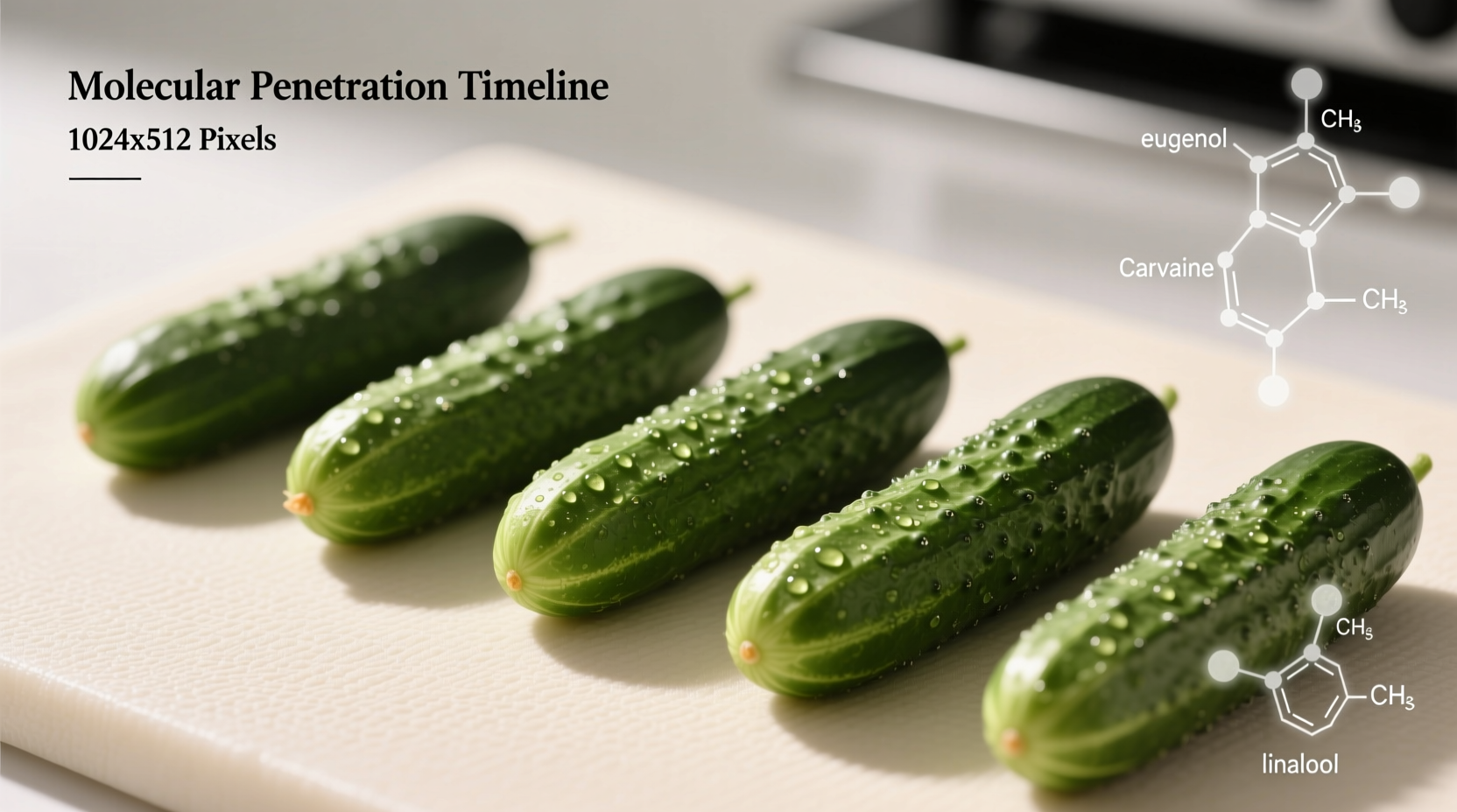 Infographic showing spice addition timeline with molecular diagrams of spice compounds penetrating cucumber cells