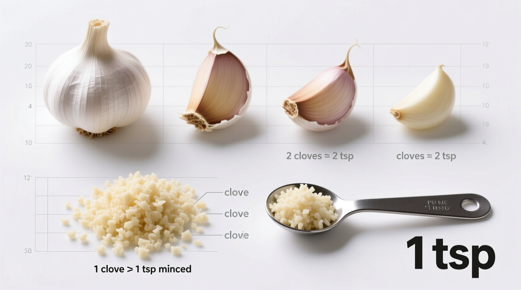 Garlic clove measurement comparison chart showing whole, minced, and teaspoon equivalents