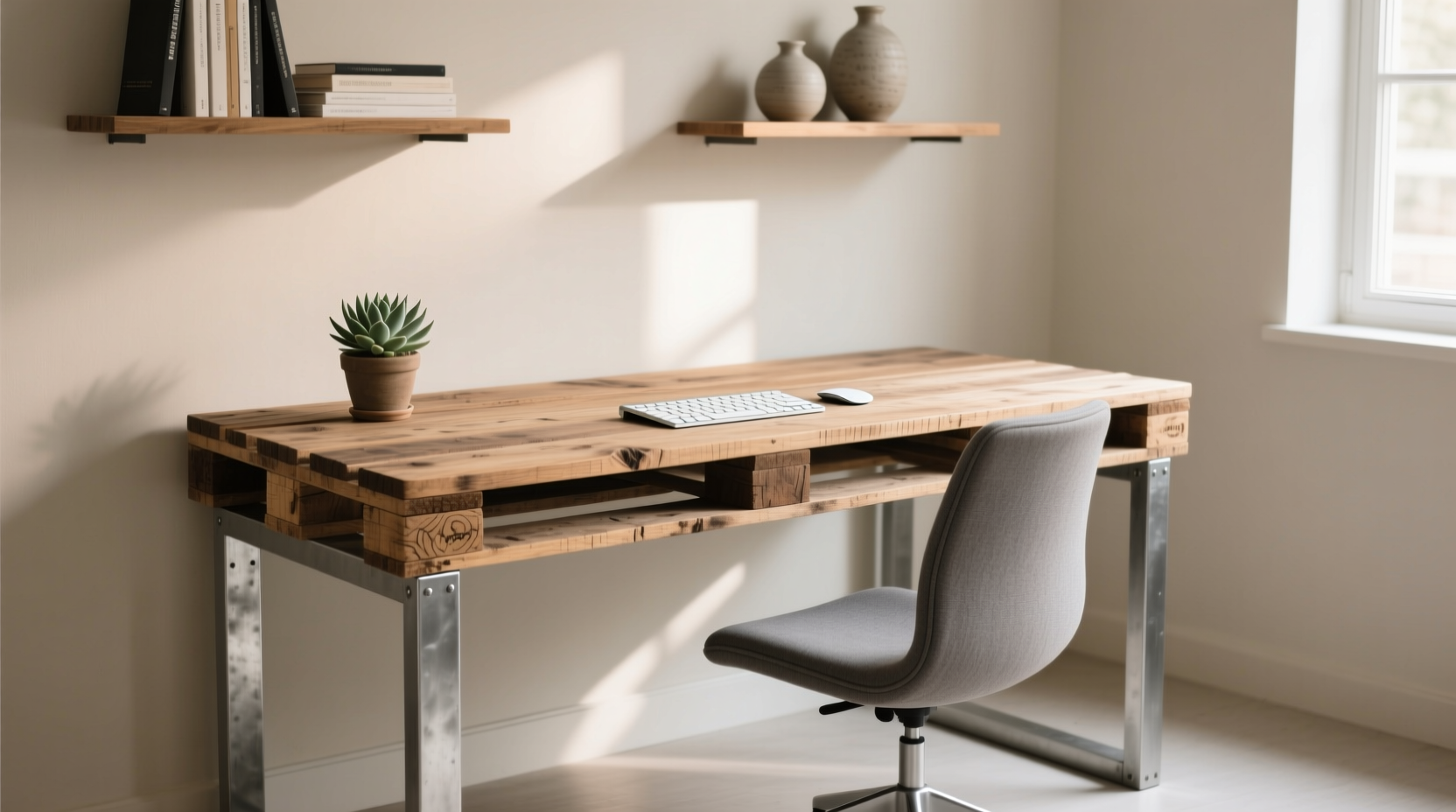 Reclaimed pallet wood desk with steel legs in minimalist home office