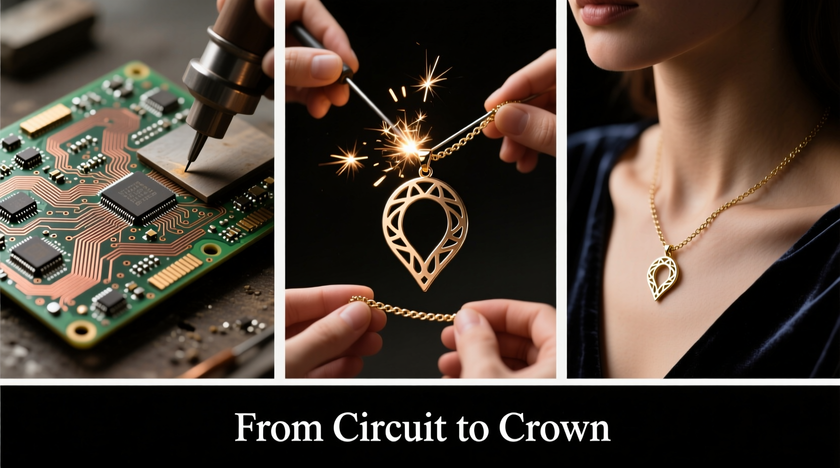 Step-by-step photos of circuit board transformed into jewelry