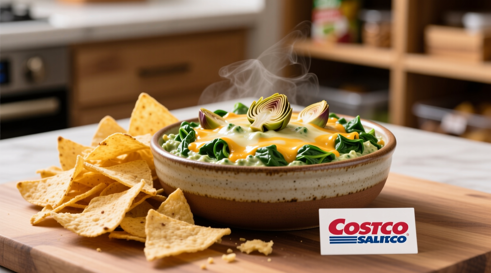 Costco spinach and artichoke dip served with tortilla chips