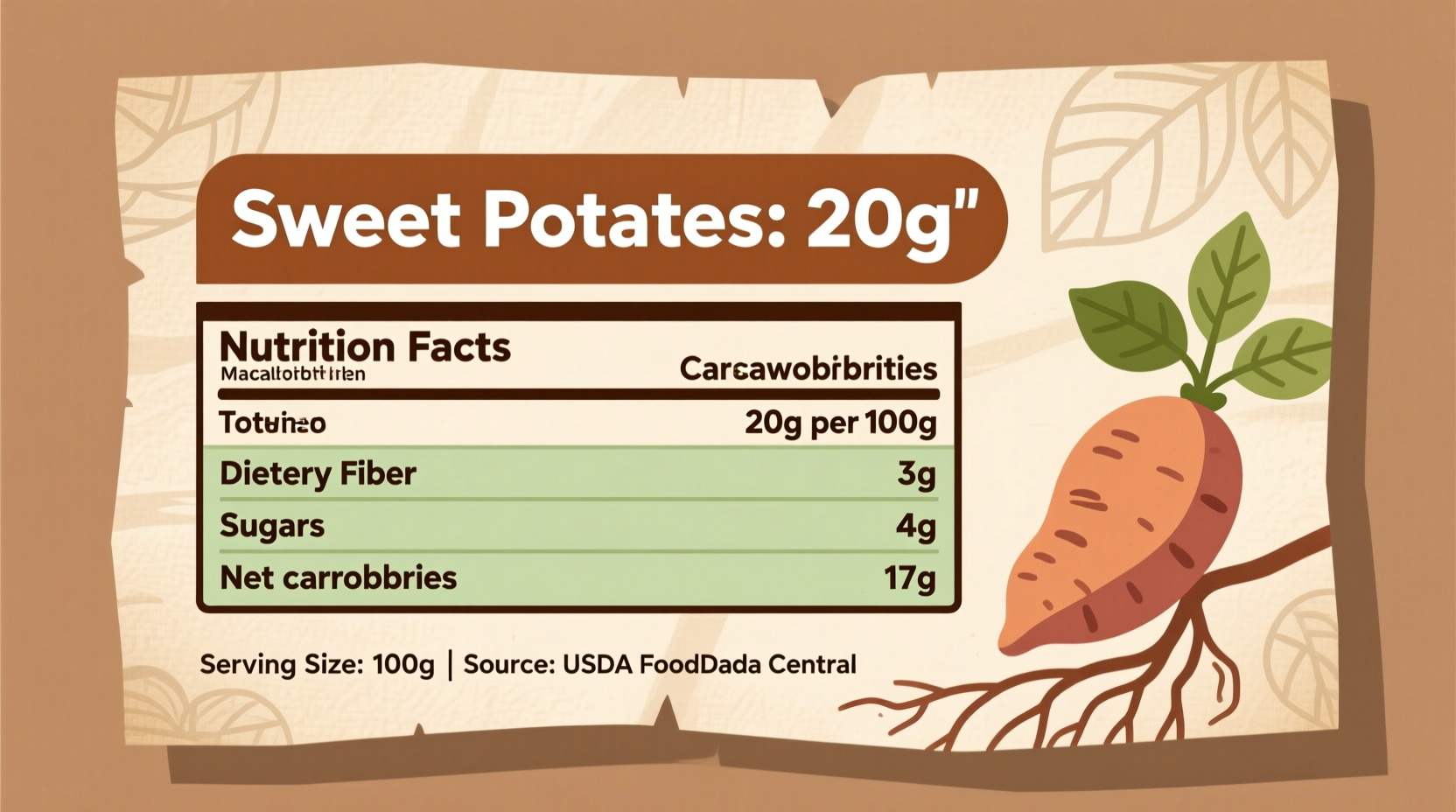 Nutrition facts panel showing sweet potato carbohydrate content