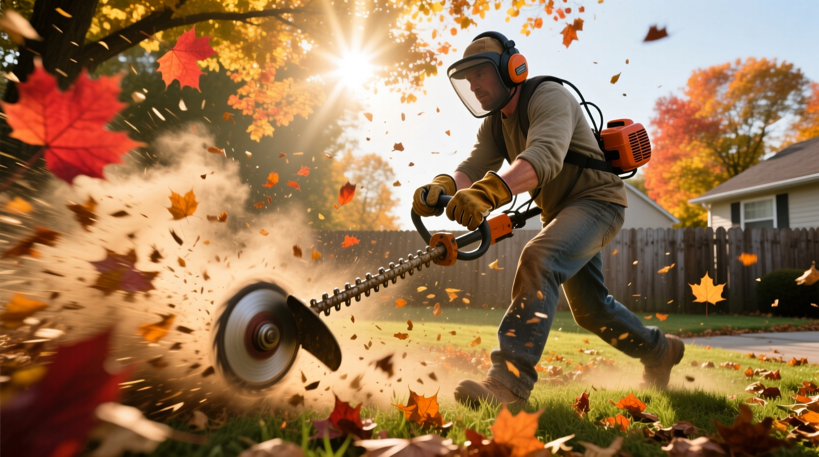 fire up your weed whacker to turn fall leaves into mulc