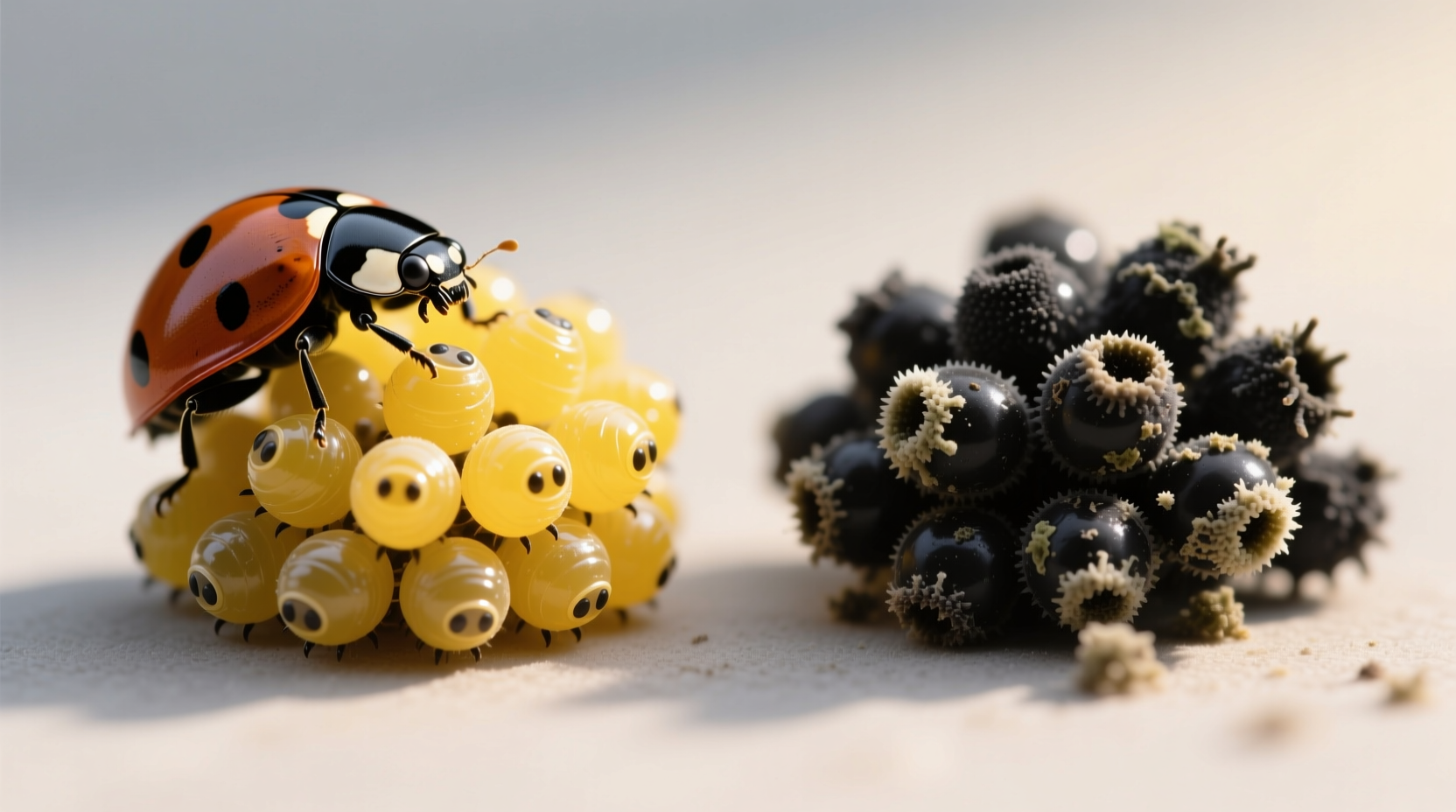Side-by-side: healthy ladybug eggs (yellow clusters) vs. moldy, spoiled eggs (black clumps)