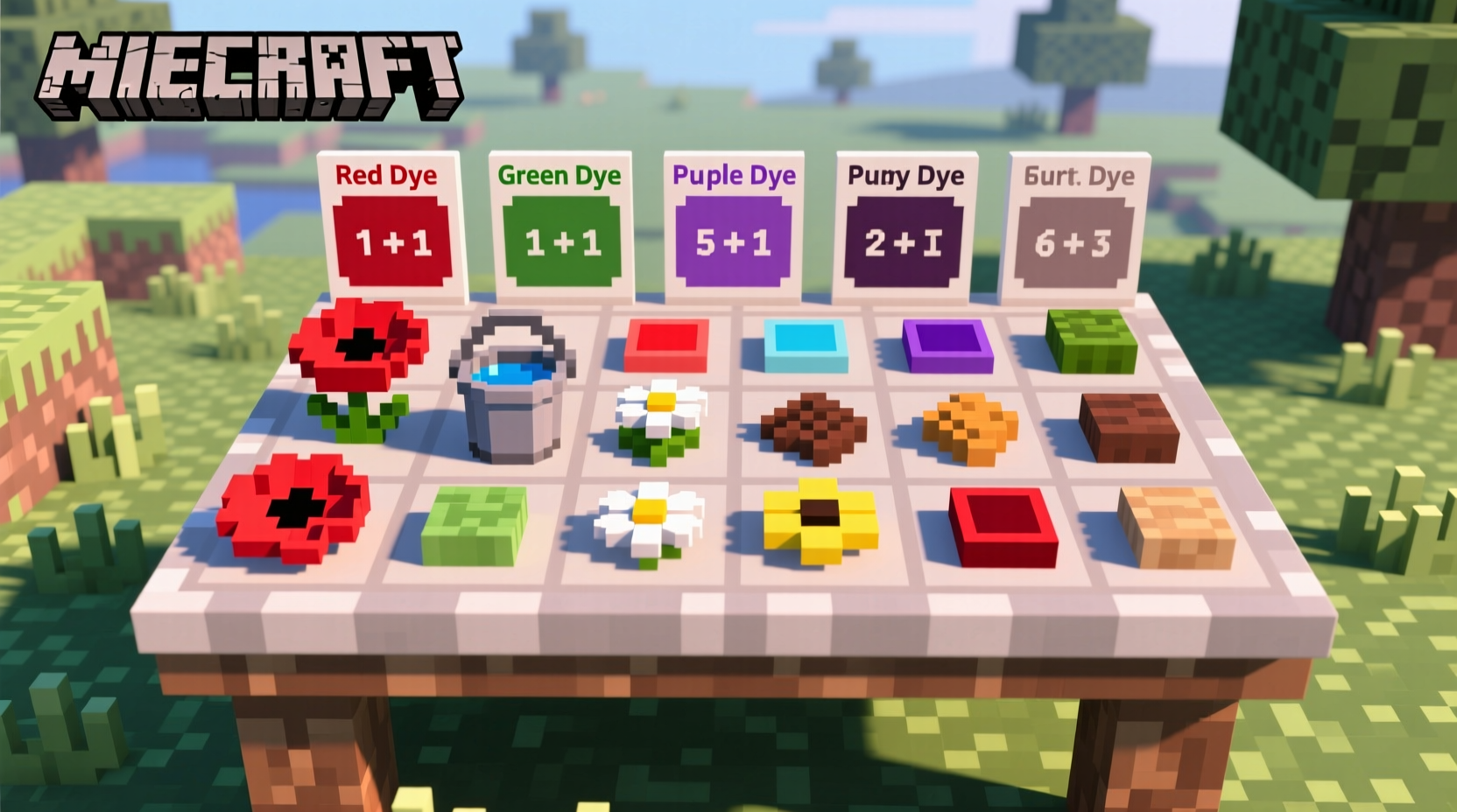 Minecraft crafting table showing dye recipes