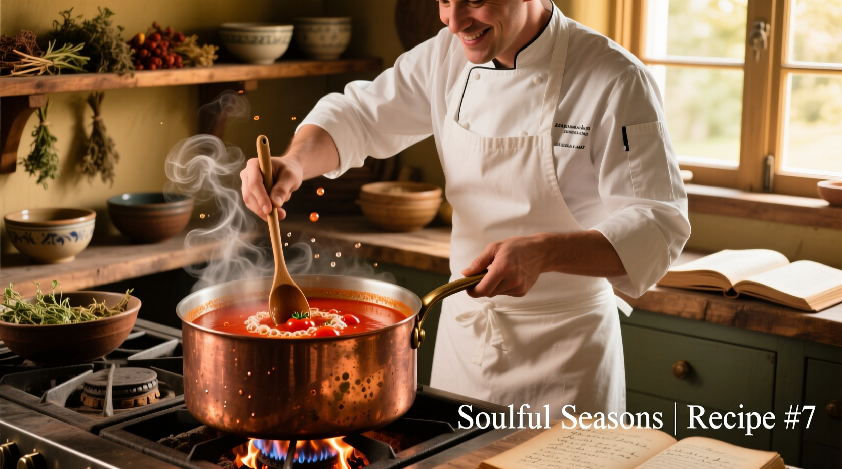 Chef stirring vibrant red pepper tomato soup in copper pot