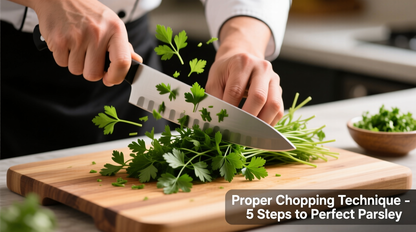 Chef's hand demonstrating proper parsley chopping technique