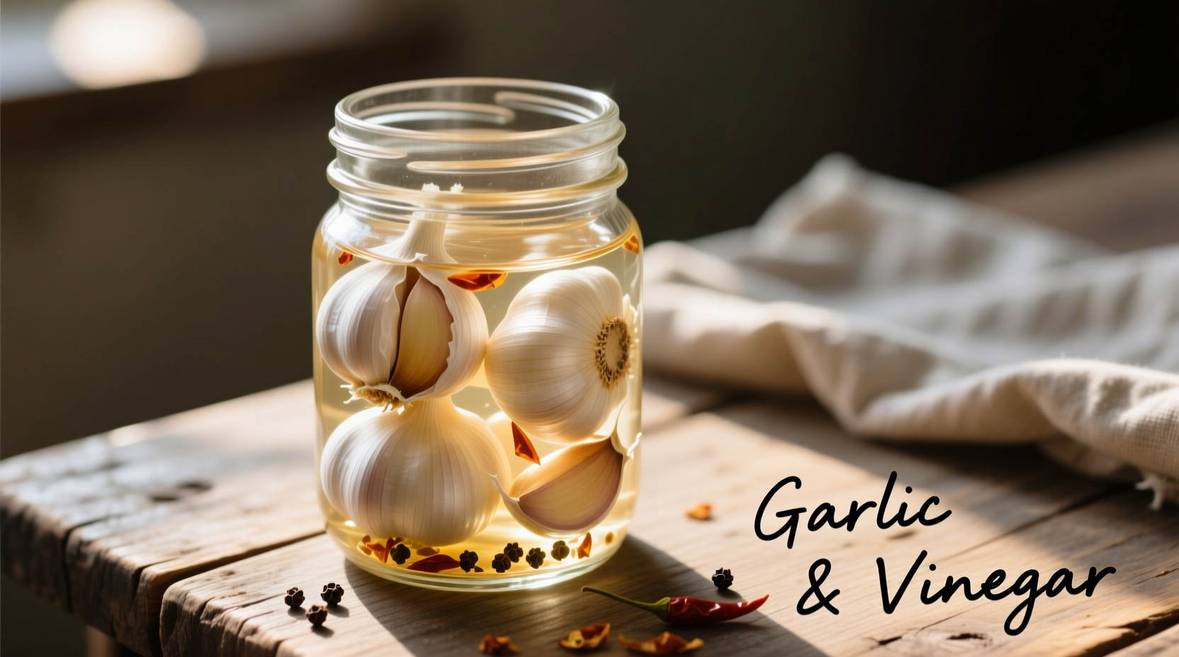 Fresh garlic cloves in mason jar with vinegar brine