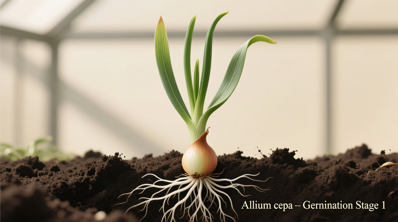 Sprouting onion planted in soil with green shoots emerging