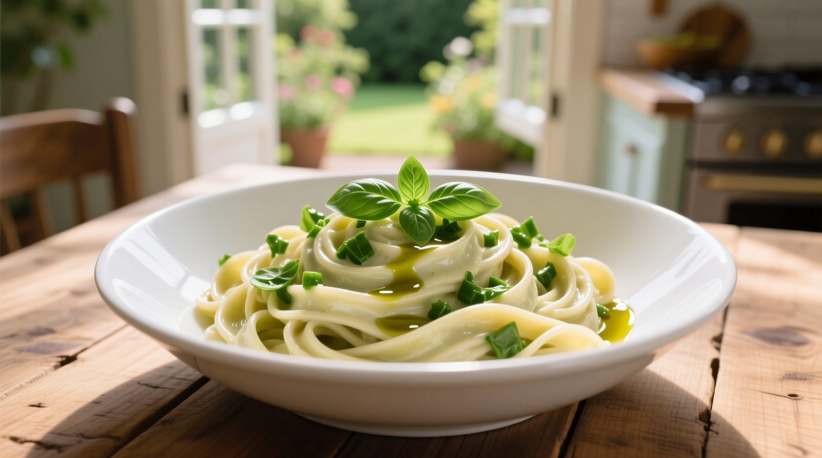Creamy avocado basil pasta in white bowl
