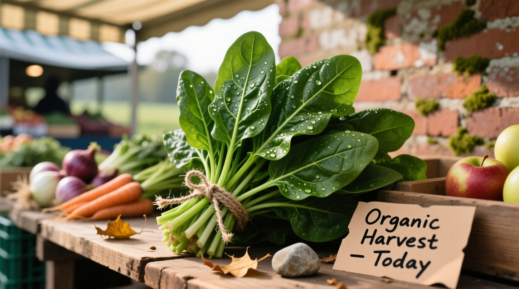 Fresh spinach bunch with vibrant green leaves on market display