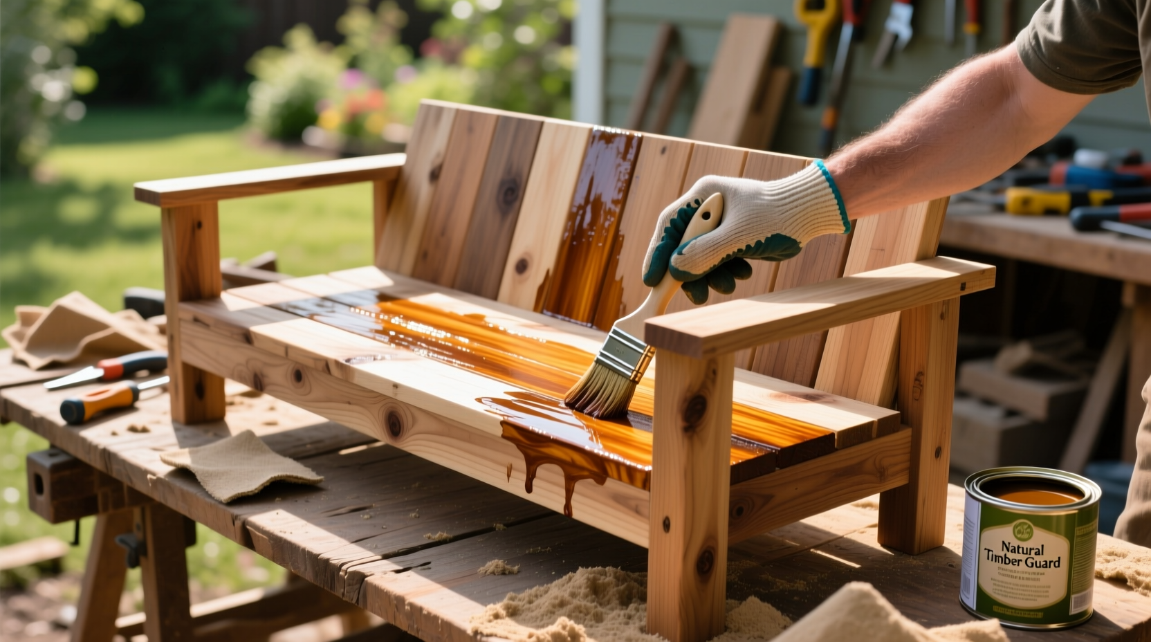 Applying natural weatherproof finish to DIY outdoor sofa frame