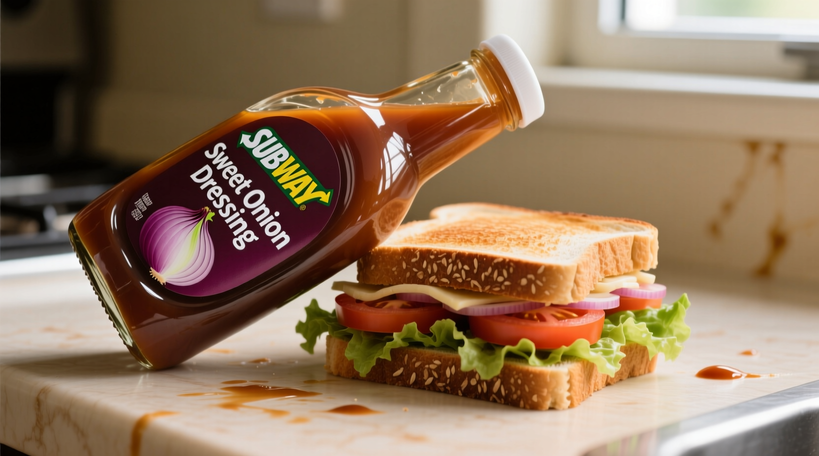 Subway sweet onion dressing bottle on sandwich