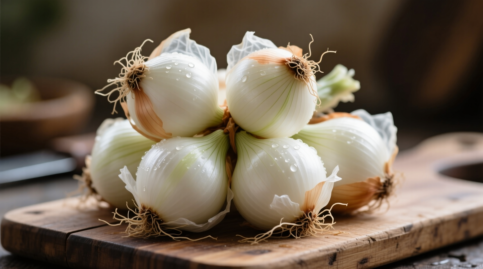 Fresh white onions with roots and papery skin