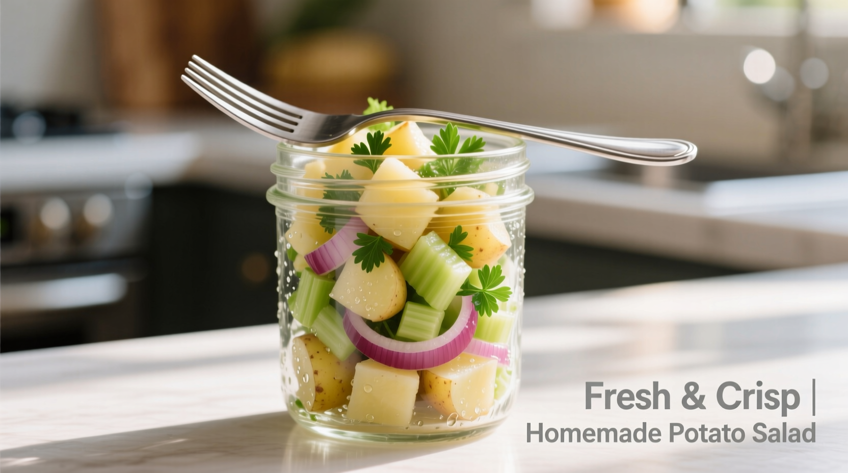 Fresh potato salad in glass container with fork