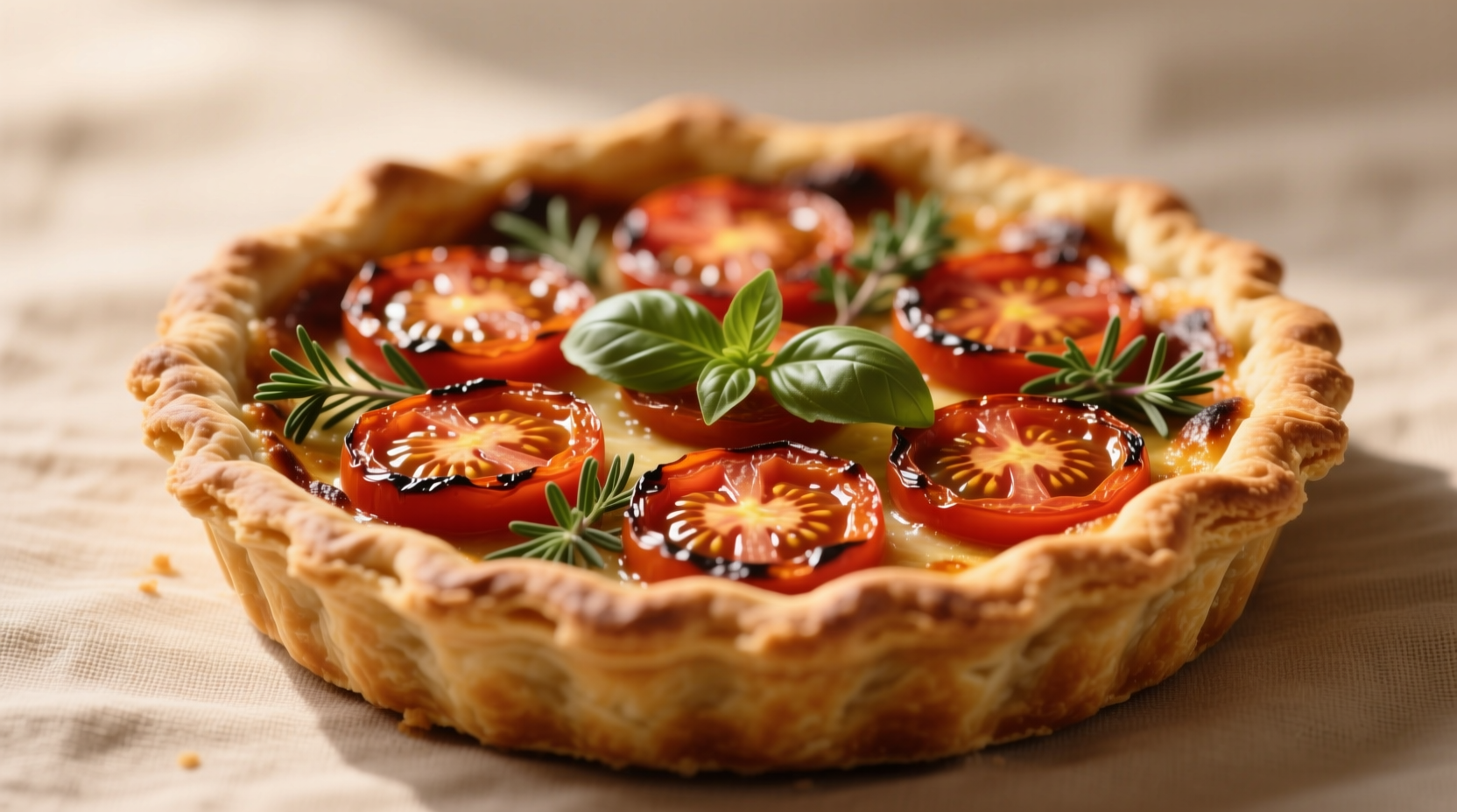 Golden tomato pie with visible herb layers and roasted tomato slices
